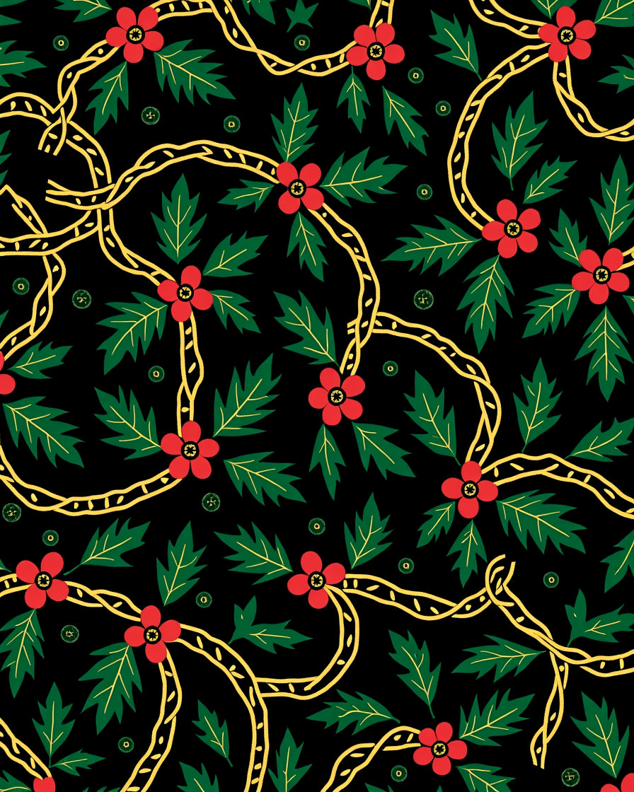 Red Floral Vine Black Background Rug
