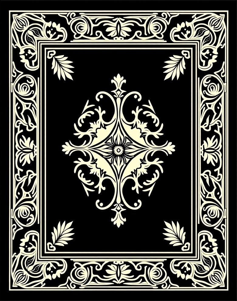 Black White Cream Scrollwork Medallion Border Rug
