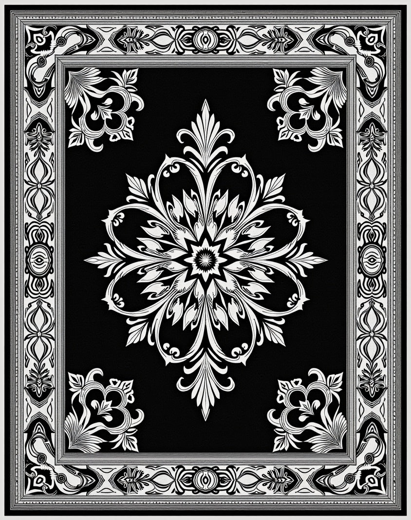 Black White Floral Medallion Damask Rug