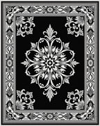 Black White Floral Medallion Damask Rug