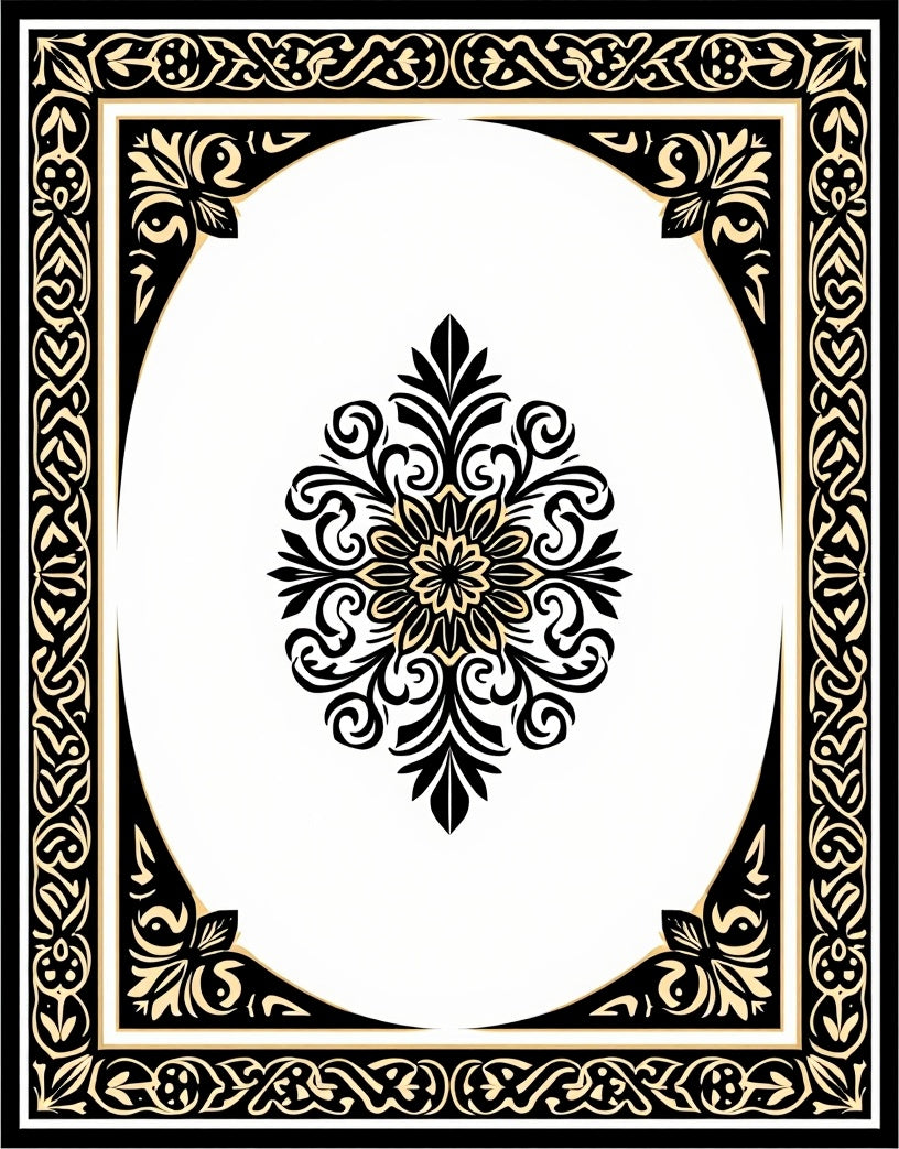 Ornate Black Scrollwork Floral Medallion Rug
