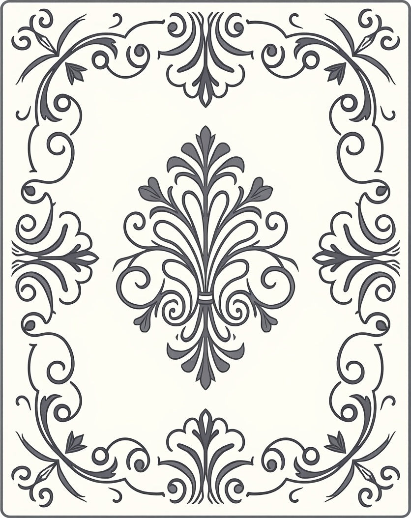 Ornate Gray Scrollwork Floral Framing Rug
