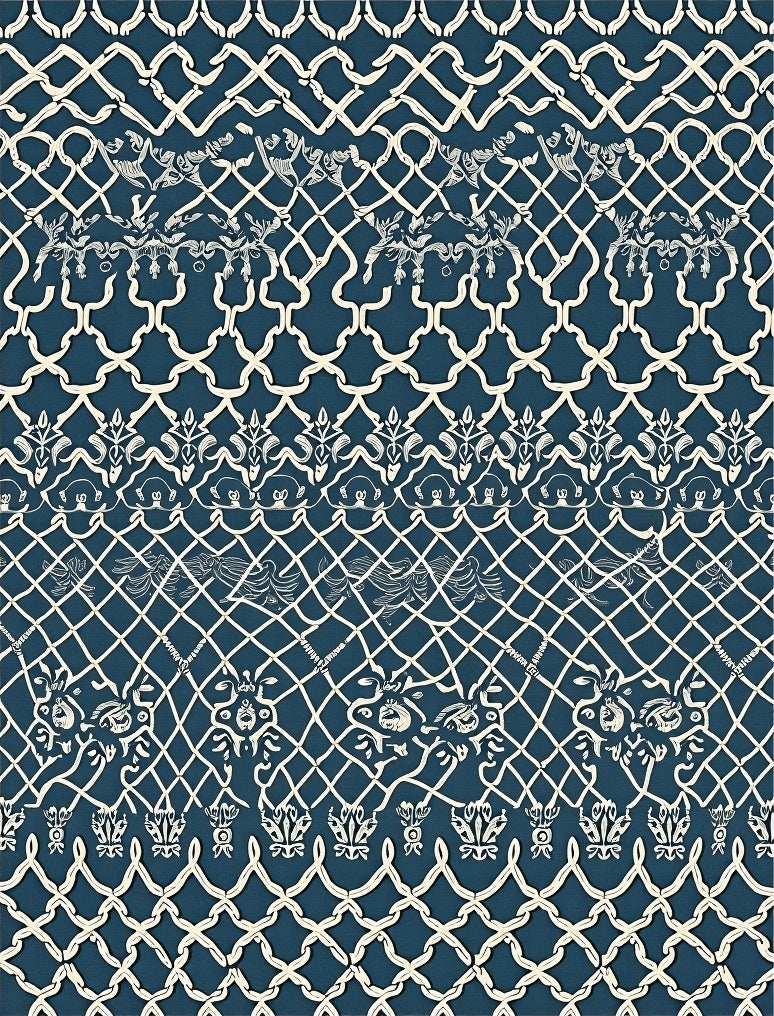 Deep Blue White Classical Lattice Medallion Rug