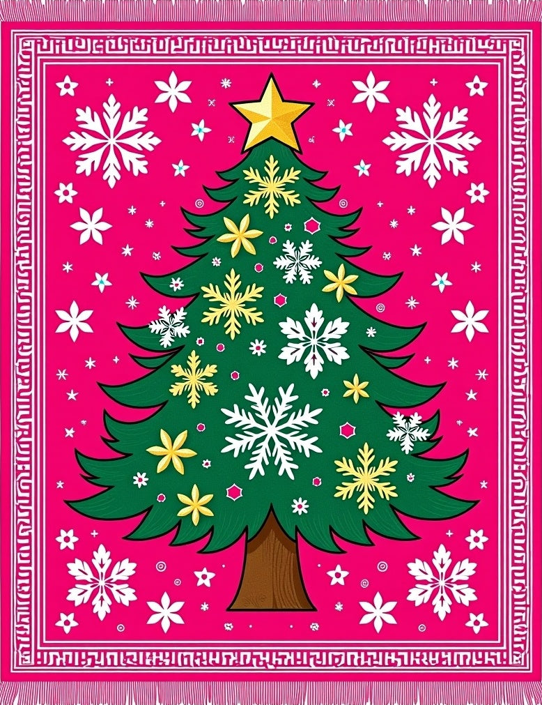 Pink Christmas Tree Snowflake Border Rug