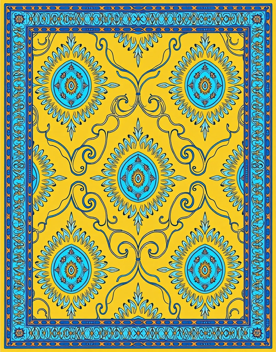Golden Blue Circular Floral Medallion Rug
