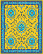 Golden Blue Circular Floral Medallion Rug