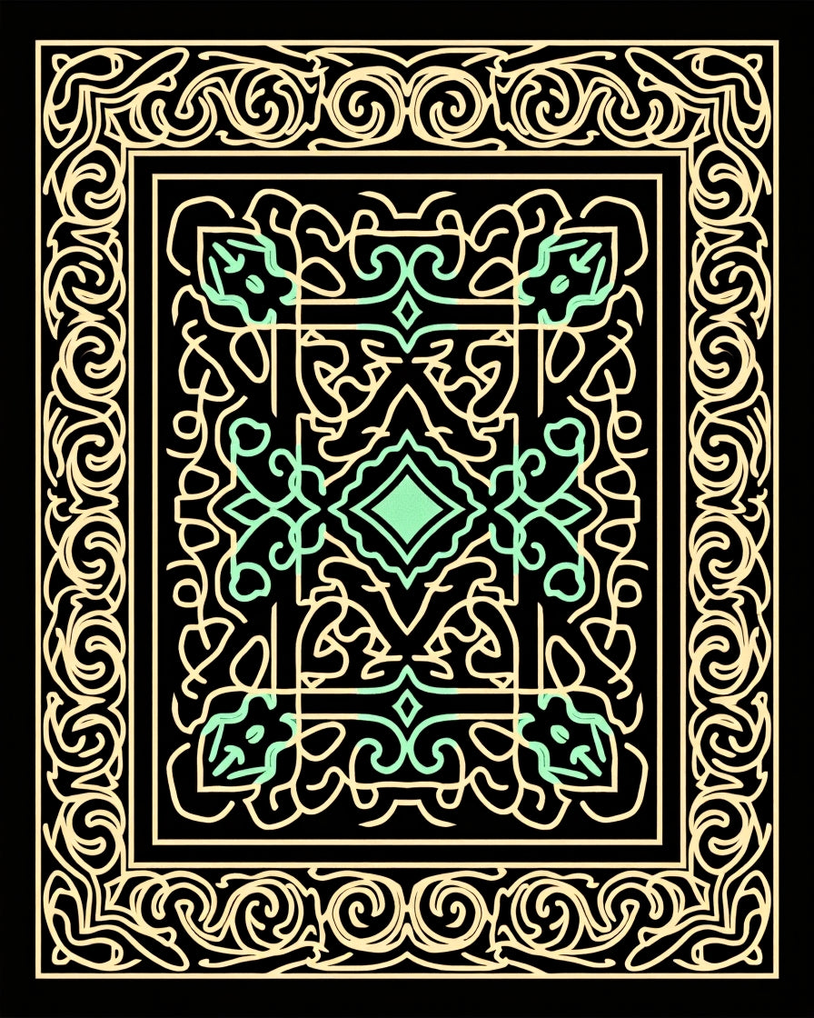 Ornate Mint and Gold Scrollwork Square Rug
