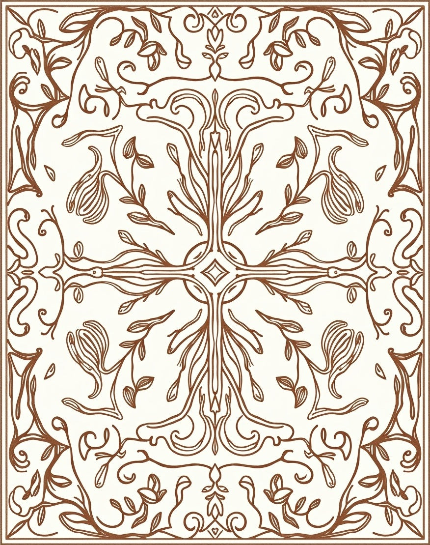 Brown Outline Botanical Blossom Square Rug