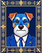 Blue And Gold Ornate Dog Portrait Rug