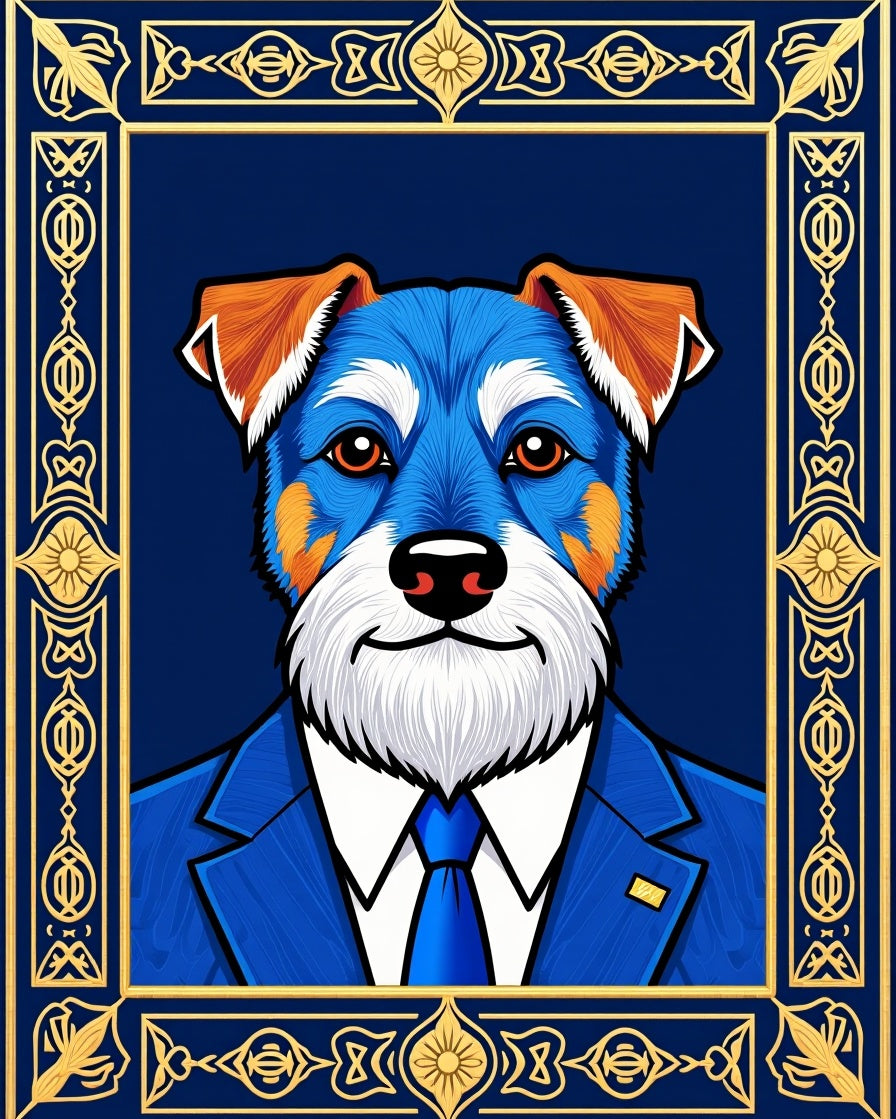 Blue And Gold Ornate Dog Portrait Rug