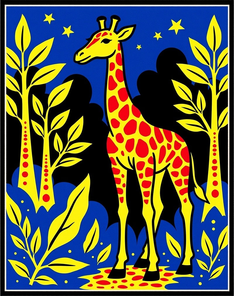 Vibrant Yellow Giraffe Starry Night Landscape Rug