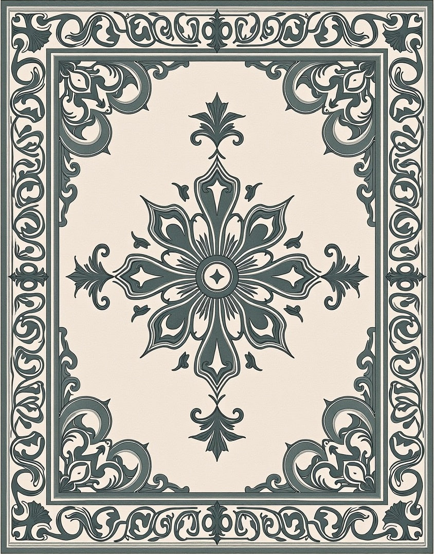 Classic Teal Floral Medallion Border Rug