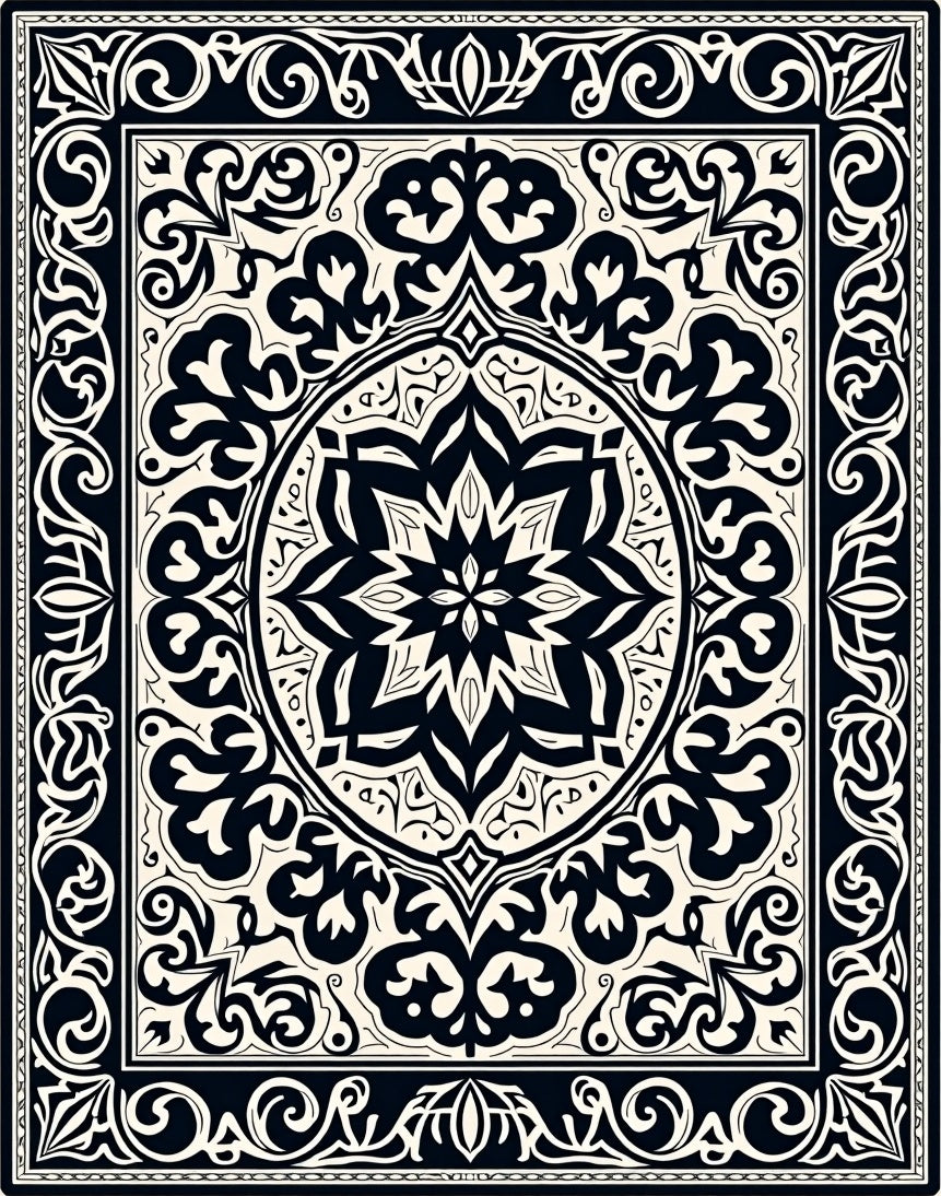 Black Cream Intricate Floral Medallion Rug