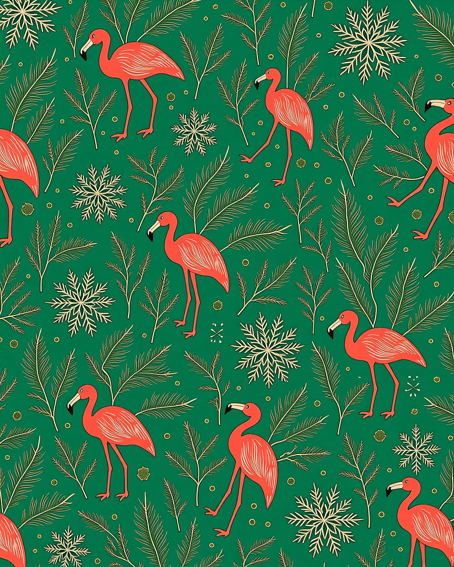 Coral Flamingo Snowflakes Emerald Background Rug