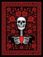 Red Skull Rose Bordered Fabric Rug