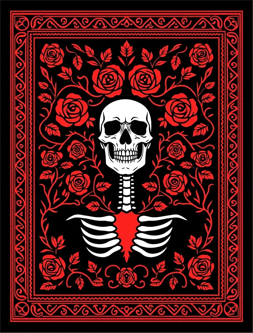 Red Skull Rose Bordered Fabric Rug