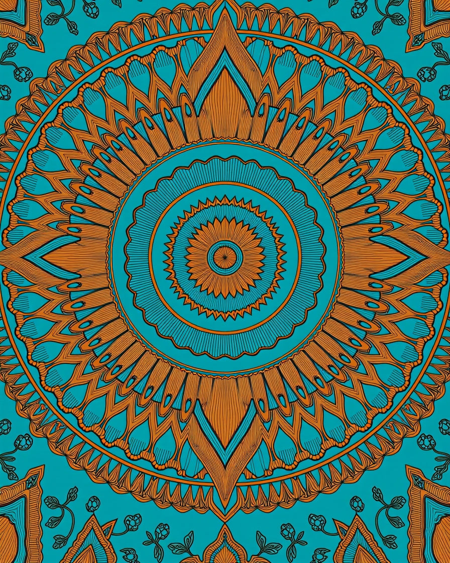 Teal Orange Medallion Folk Art Rug