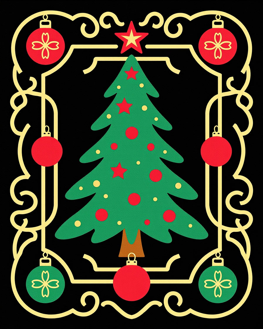 Festive Christmas Tree Ornate Border Rug