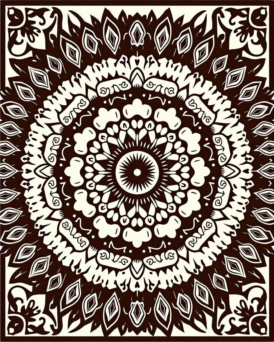 Dark Brown White Radial Mandala Rug