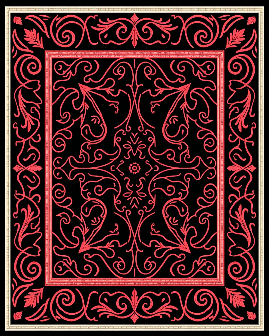 Coral Vine Scrolling Black Medallion Rug