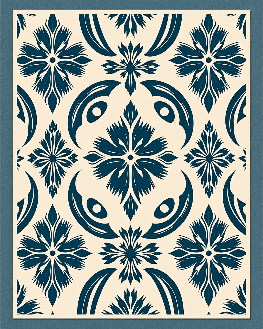 Naval Blue Floral Tile Rug