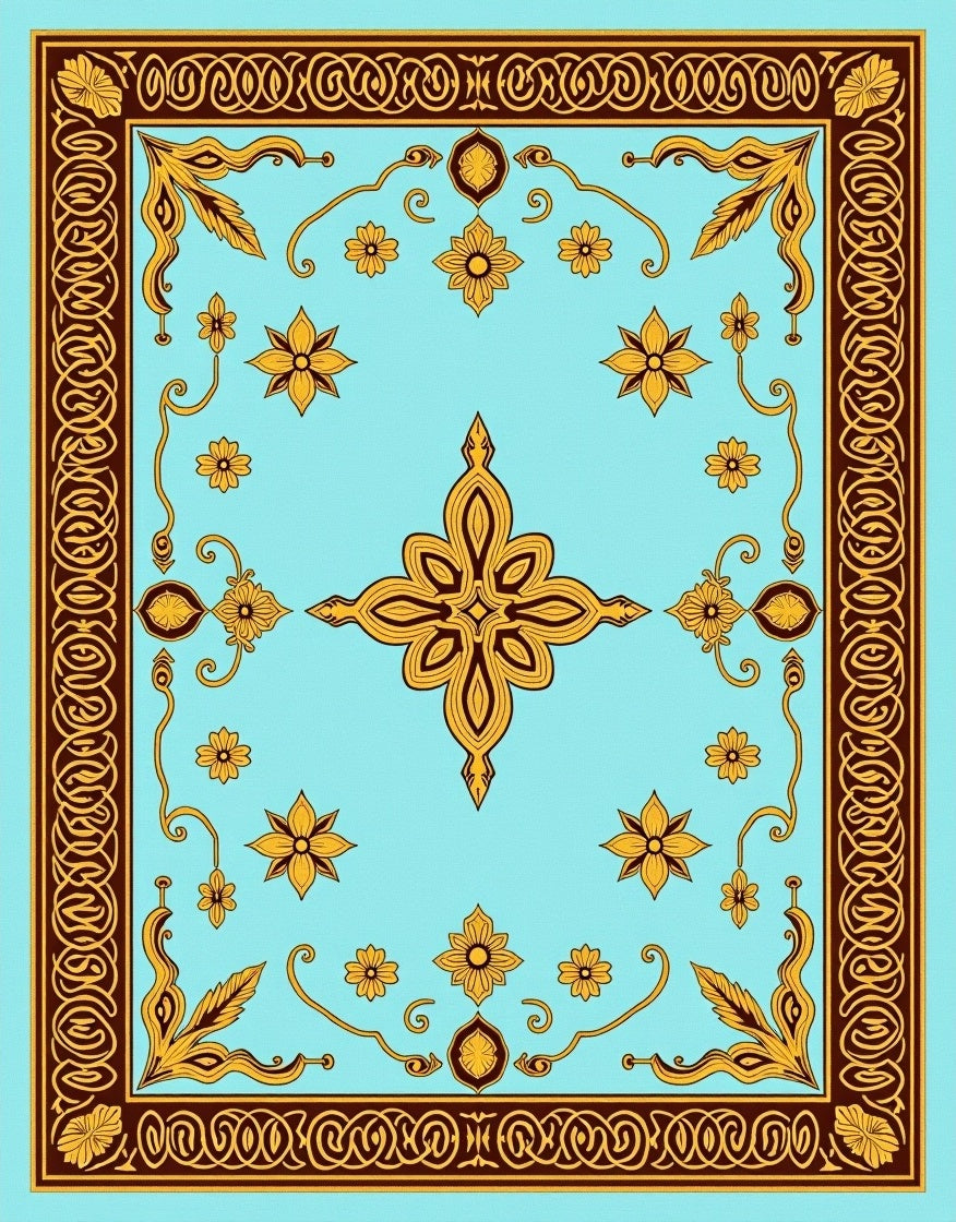 Turquoise Gold Floral Medallion Border Rug