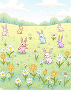 Playful Bunnies Meadow Floral Scene Rug