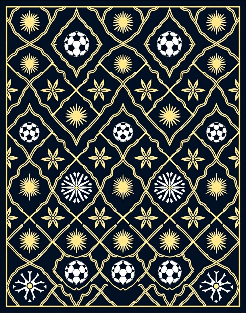 Navy Gold Soccer Balls Starbursts Floral Rug