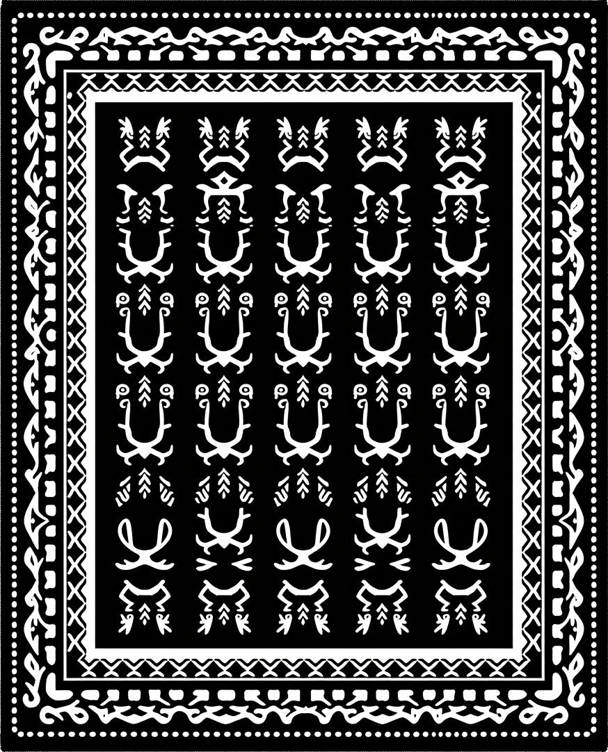 Tribal Black White Figures Border Rug