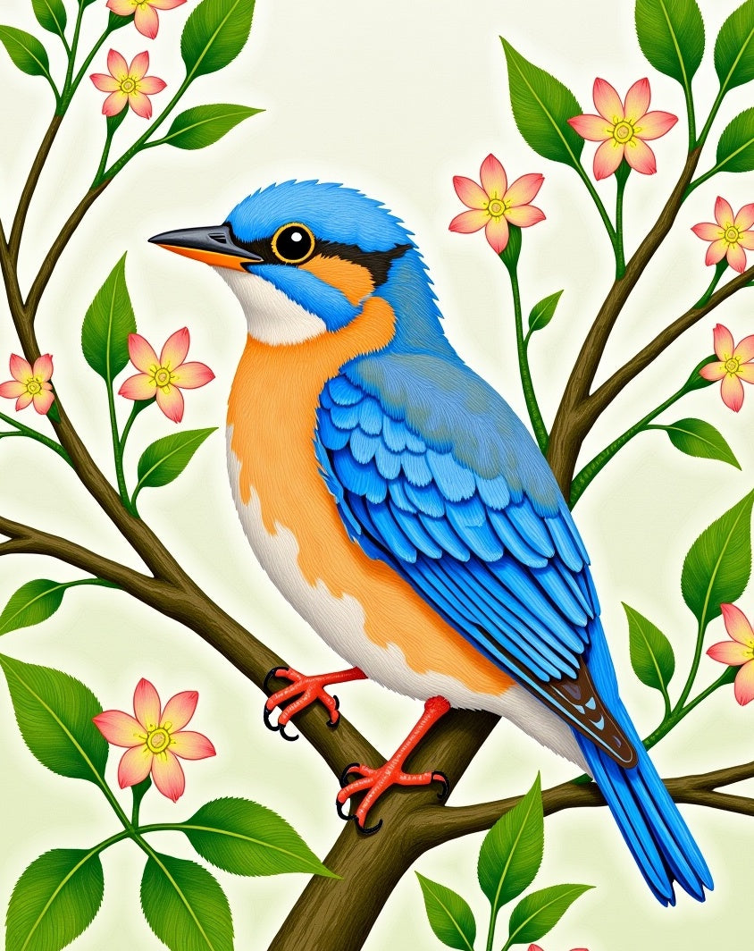 Whimsical Blue Bird Pink Blossom Branch Rug