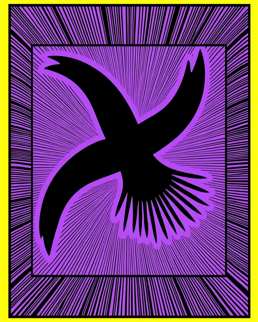 Vibrant Purple Bird Burst Yellow Frame Rug