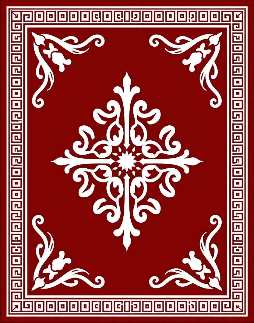 Deep Red Ornate Medallion Border Rug