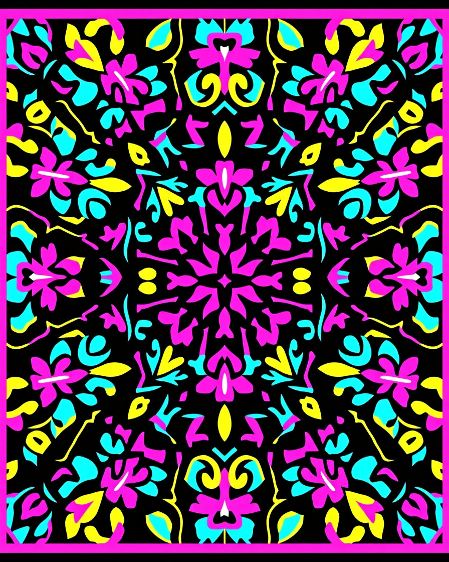 Vibrant Pink Cyan Yellow Floral Mandala Rug