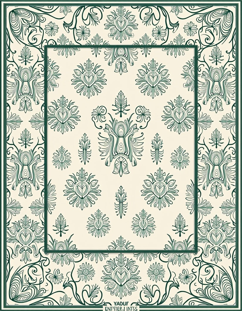 Ornate Green Floral Cameo Scrollwork Rug
