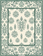 Ornate Green Floral Cameo Scrollwork Rug
