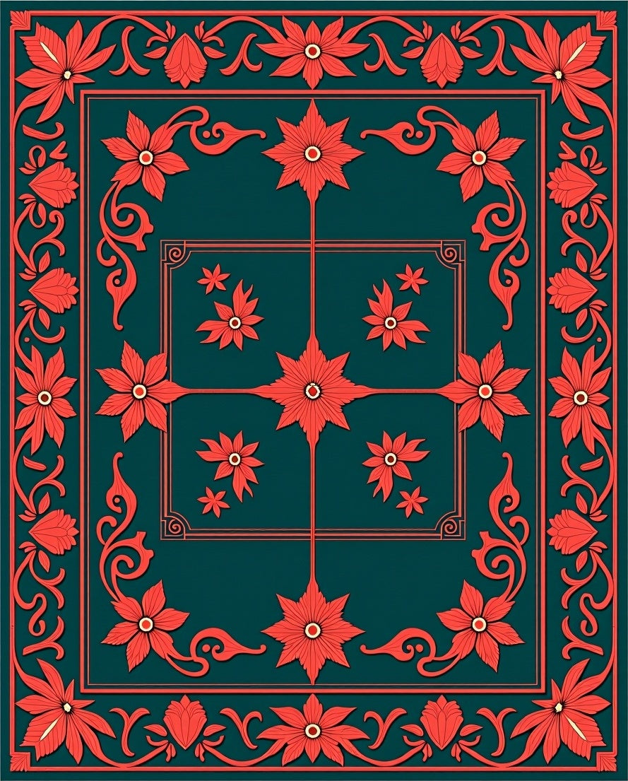 Coral Floral Bordered Teal Rug