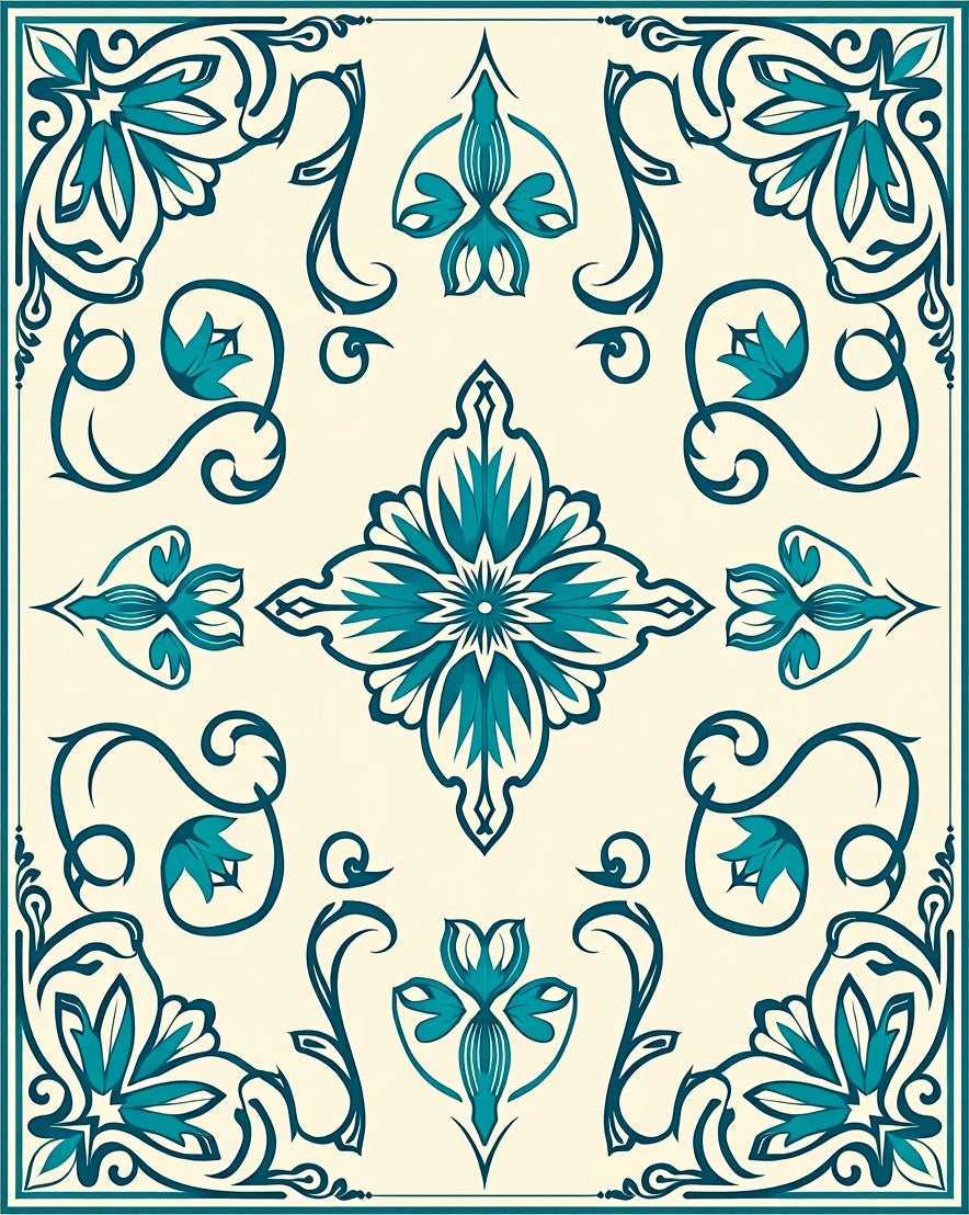 Teal Floral Medallion Cream Square Rug