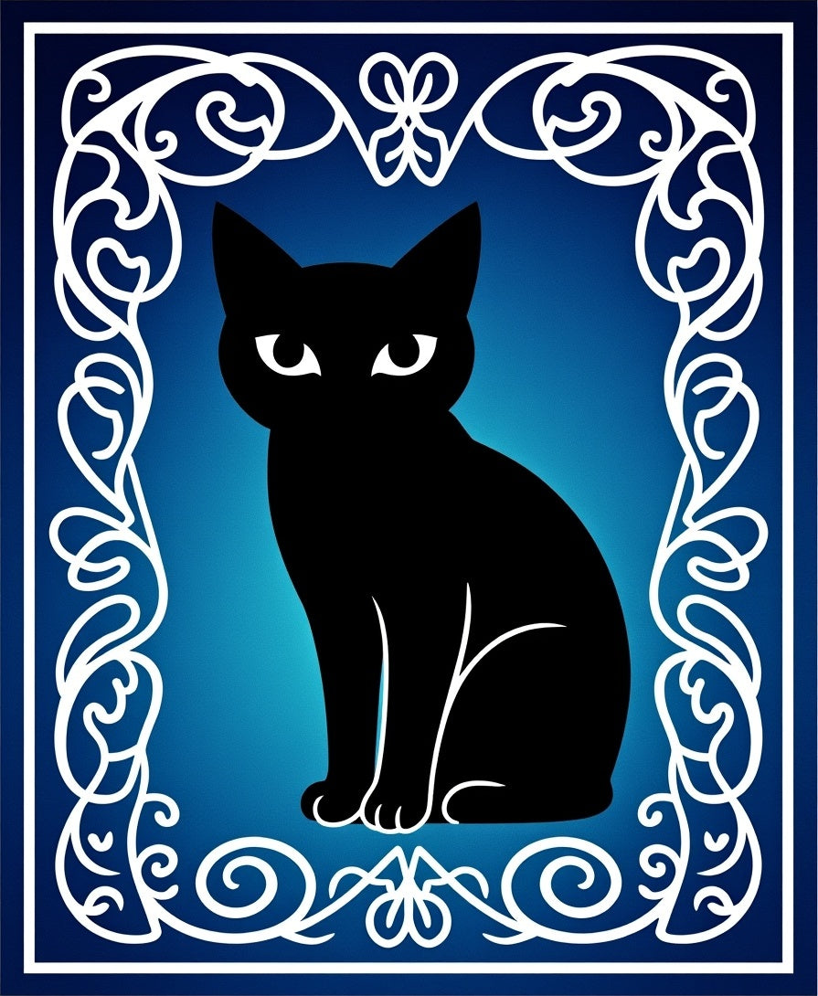 Mysterious Black Cat Blue Gradient Frame Rug
