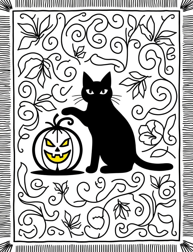 Black Cat Pumpkin Swirls Foliage Rug