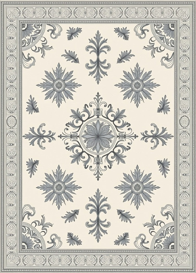 Classic Ivory Gray Floral Medallion Border Rug