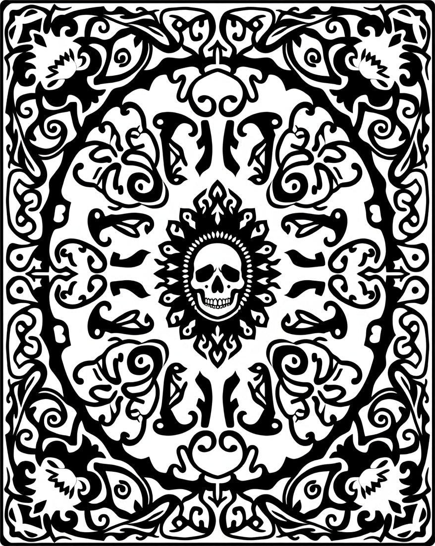 Monochromatic Skull Ornate Scrollwork Rug