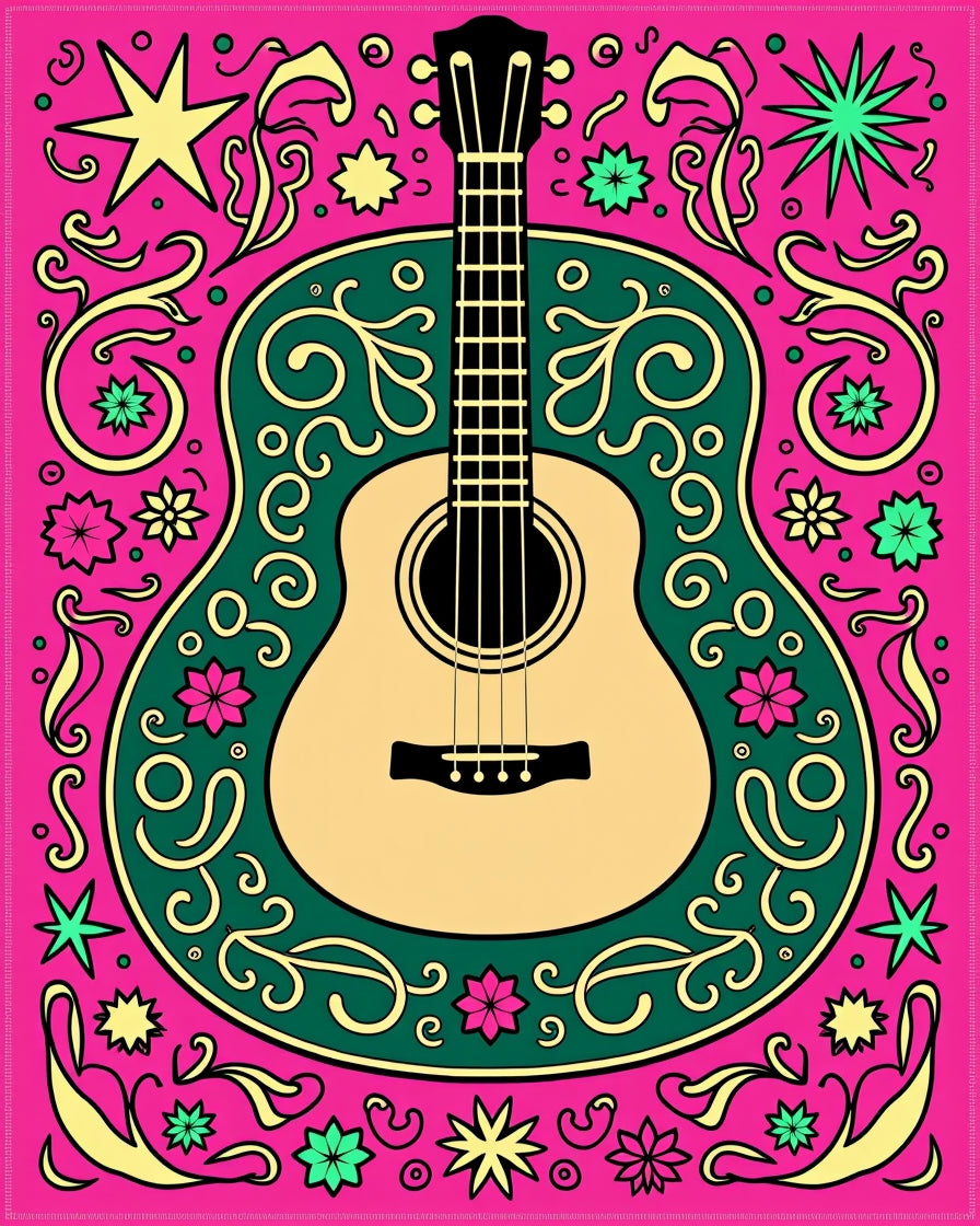 Vibrant Acoustic Guitar Floral Swirls Rug
