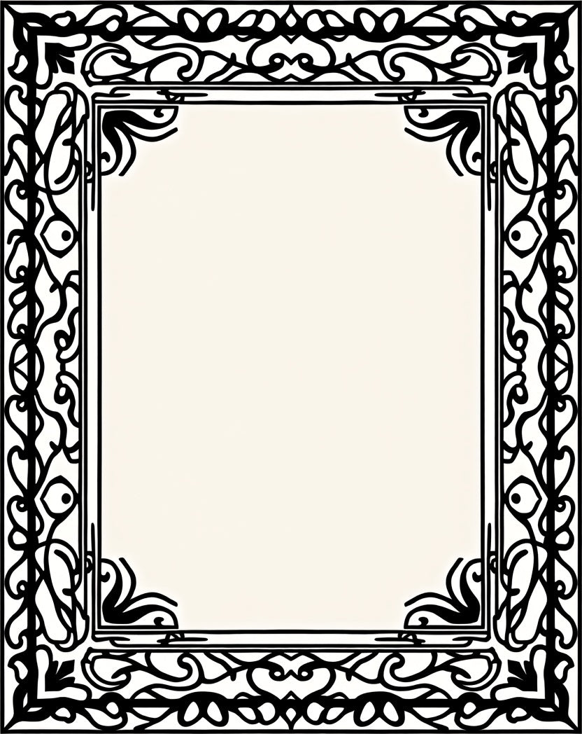 Ornate Black Scrollwork Border Rug