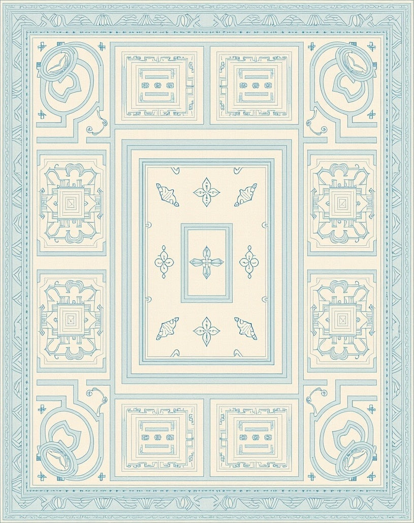 Pale Blue Geometric Medallion Border Rug