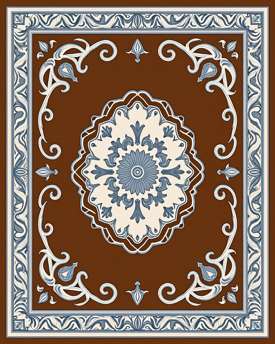 Brown Cream Blue Floral Medallion Rug