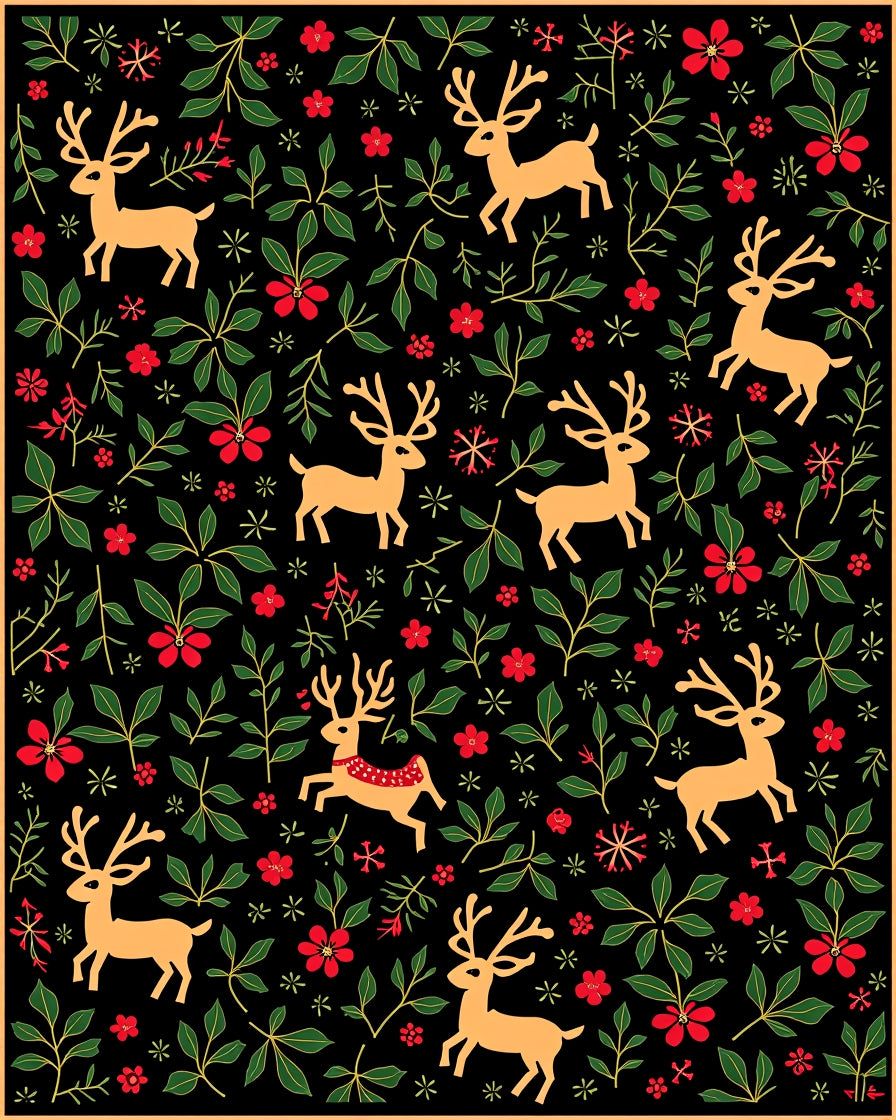Gold Deer Red Flower Green Foliage Rug