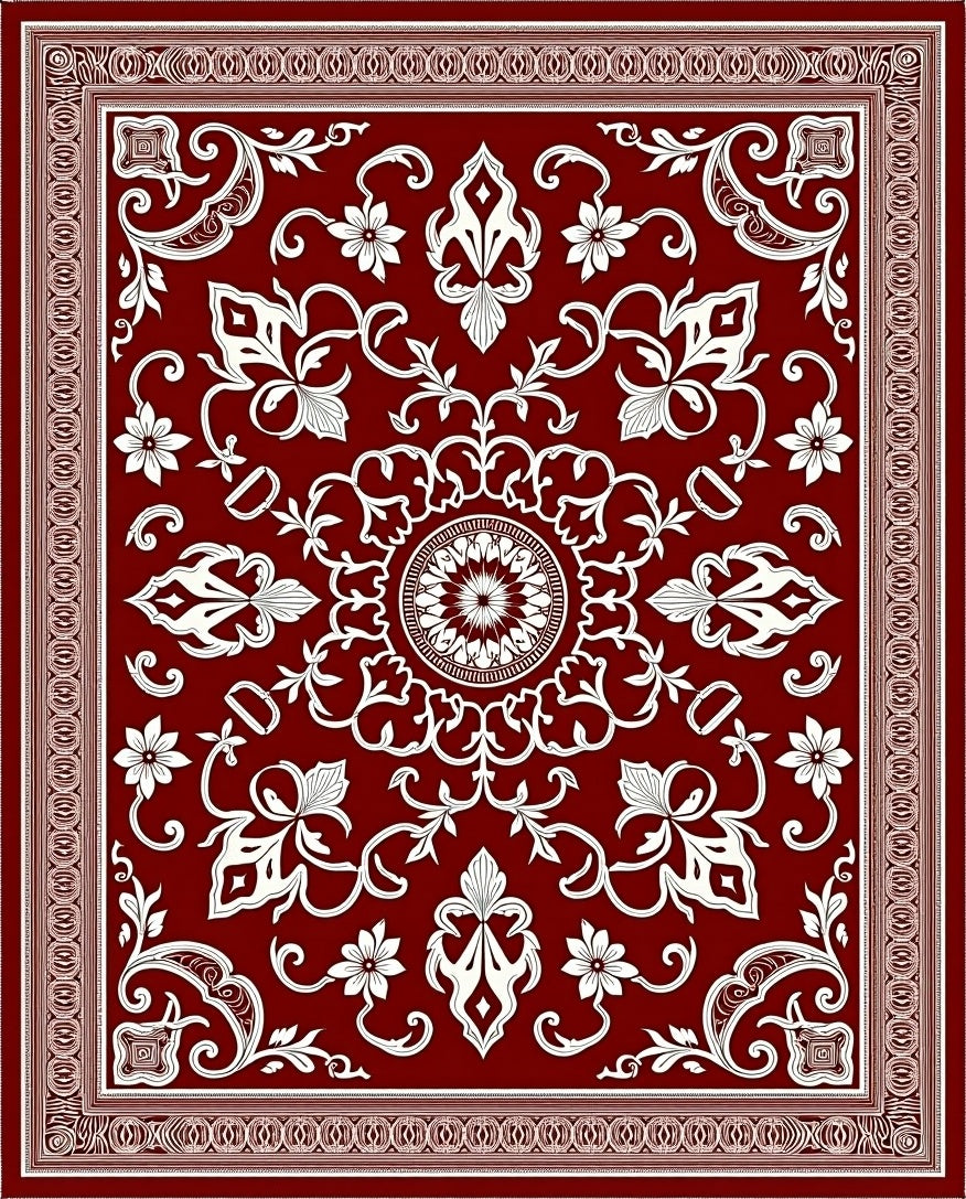 Deep Red Ornate Bloom Border Rug