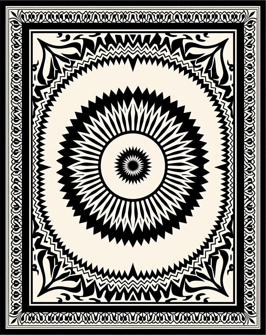 Bold Black Sunburst Mandala Rug