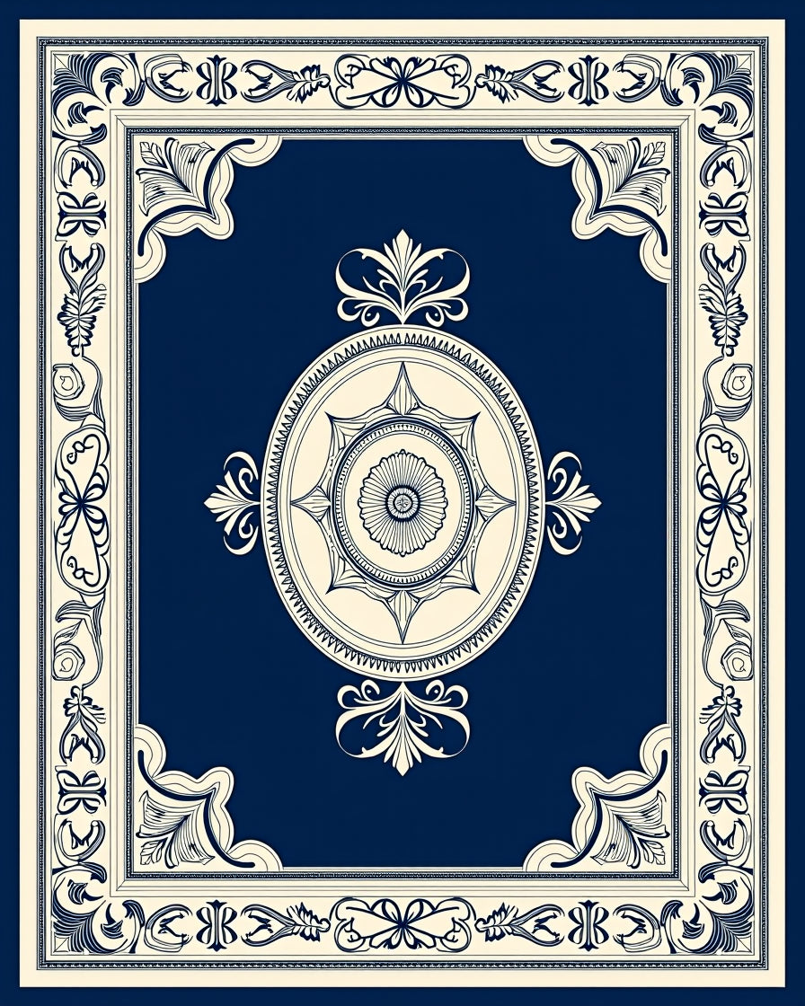 Classic Navy Floral Medallion Border Rug