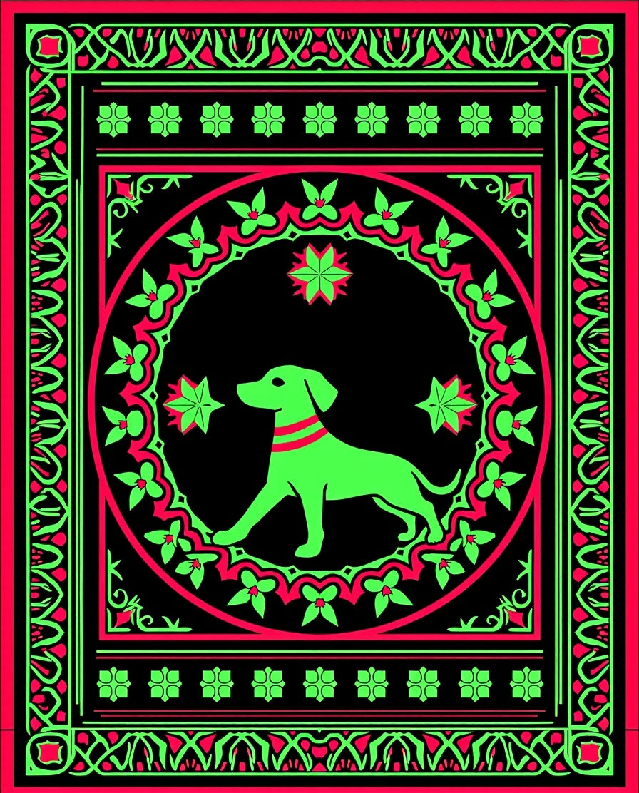 Neon Green Dog Floral Medallion Art Rug